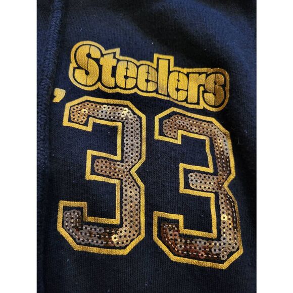 Vintage PINK Victoria's Secret NFL Hoodie Women's Medium Black Sequin Steelers - Picture 4 of 5